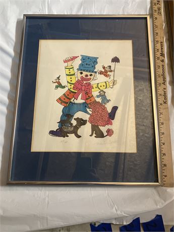 Print titled "Clowns" by the artist Marian Scott.