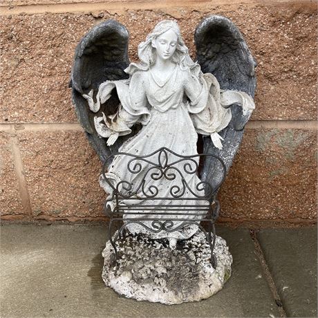 Resin Angel Garden Statue with Miniature Metal Bench