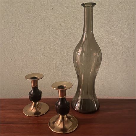 Vintage Smokey Grey Lined Glass Decanter (no top) with Vintage Candlesticks