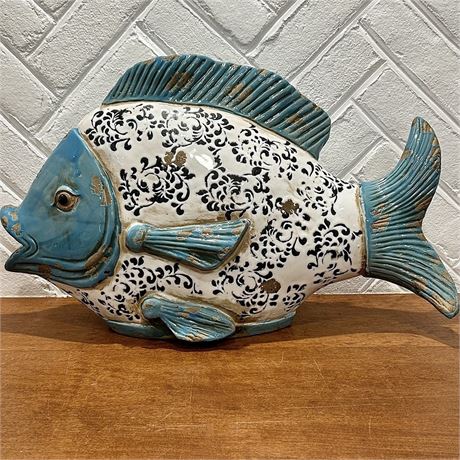 Large Bates Fish Distressed Majolica Ceramic Statue