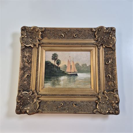 Barbara Shipman “Sunset Cove” Art Print Coastal Sailboat Scene in Ornate Gilde