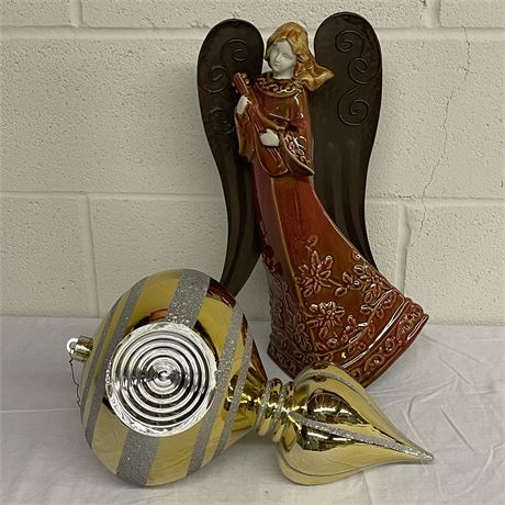 16" Ceramic Angel with 14.5" Large Plastic Vintage Style Ornament