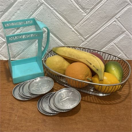 Mid-Century Kitchen Items with Coasters, Milk Carton Holder and Fruit Basket