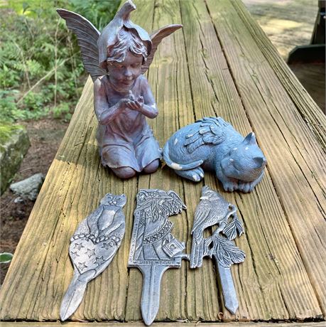 Fairy Garden Statue, Angel Cat Key Hideaway & (3) Metal Plant Stakes