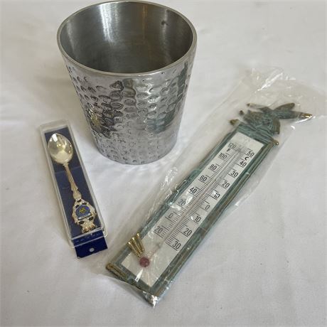 Hummingbird Wall Thermometer, Hammered Metal Pot and Souvenir Spoon