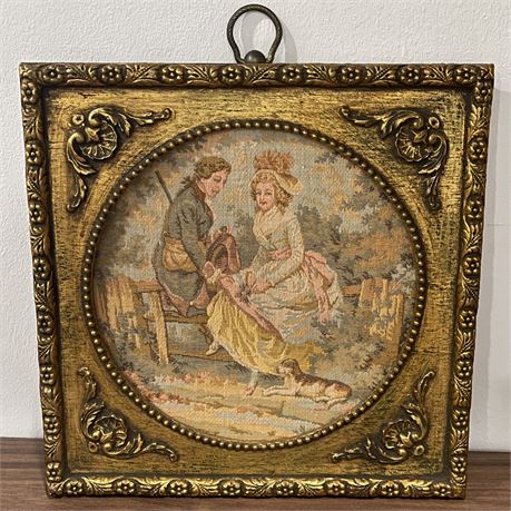 Vintage Victorian Framed Courting Couple Tapestry Art - Sungott Art Studios