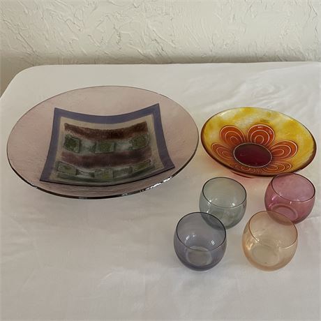 Decorative Dishes with Grouping of Colored Glass Candle Holders