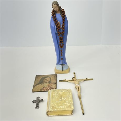 Religious Lot with Virgin Mary Statue, Celluloid Cover Prayer Bible and More