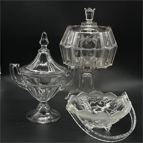 EAPG Large Adams Clear Ribbon Compote, Lidded Glass Compote & Handled Dish