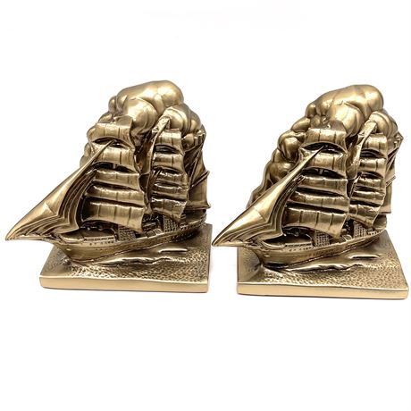 Pair of Vintage Brass Clipper Ship Book Ends - Signed - PM Craftsman