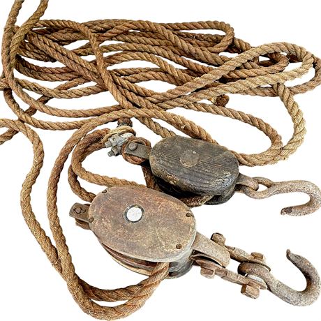 (2) Antique Cast Iron and Wood Pulleys w/ Hooks and Rope