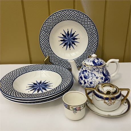 Gold Trim Accented Blue & White Kitchenware