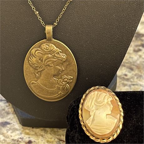 Reversible Bronze Cameo / Dried Flower Pendant on Chain & Carved Cameo Brooch