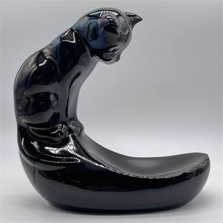 MCM Royal Haeger Iridescent Ceramic Black Cat Fish Bowl Holding Sculpture