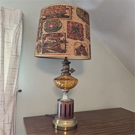 MCM Orange Amber Hollywood Regency Table Lamp w/B&M Railroad Shade