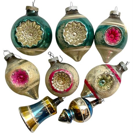 (8) Vtg Glass Striped Indent & Bell Ornaments