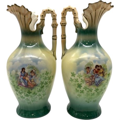 Pair of Vtg Czechoslovakian Pastoral Scene Porcelain Shell Shaped Spout Ewers