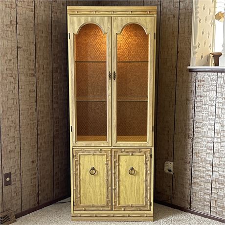 Vtg Faux Bamboo Wire Door Paneled Lighted Curio Cabinet