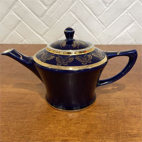 Vtg Hall Pottery Cobalt Blue Gold Trim Designs Teapot