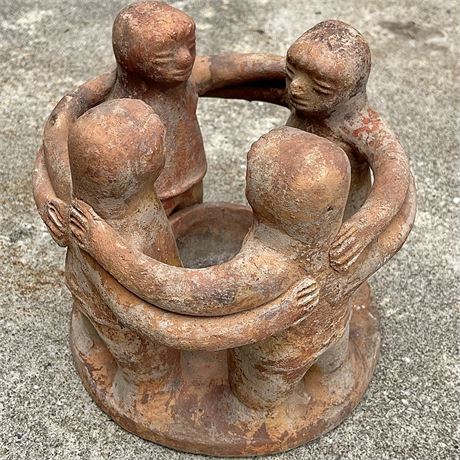 Aztec Pottery Folk Art "Circle of Friends" Candle Holder