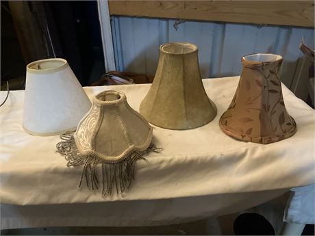 4 mini lampshades (one beige, one pink/floral, one silver/beaded, one brown/gold
