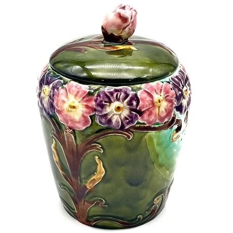 Antique French Majolica Pansies & Rose Lidded Tobacco Jar