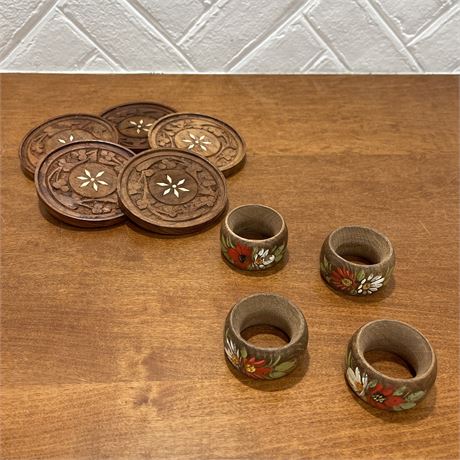 Carved Wood Floral Designed Coasters and Painted Napkin Rings
