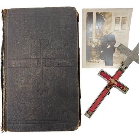 Antique Catholic Reliquary Cross, 1936 Sunday Missal & Priest Photograph