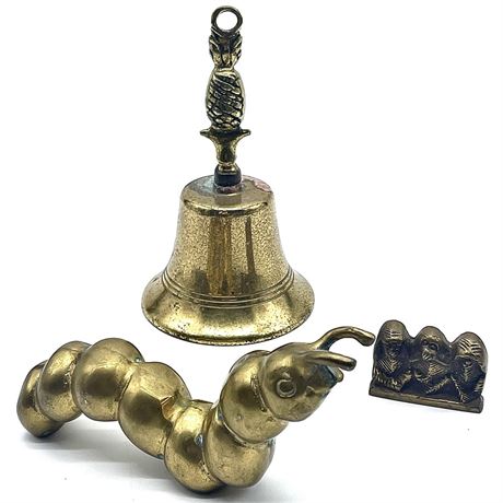 Brass Figurines - Caterpillar, Pineapple Bell, and Hear/See/Speak no Evil