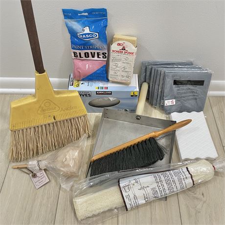 Cleaning Lot with Microfiber Cloths, Brooms, Dusters, and More