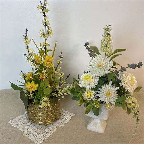 Artificial Plastic Flower Arrangements in Milk Glass and Tin Planters