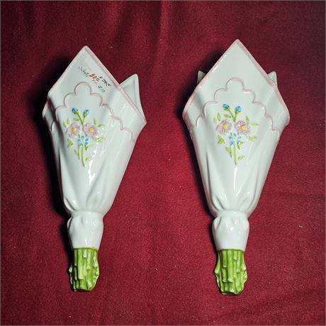 Vintage Ceramic Handkerchief Wall Pocket Blue Flower