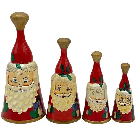 Vtg Hand-Painted Wood Santa Claus Bells