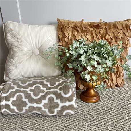 Coordinated Decorative Lot with Artificial Plant, Blanket & Decorative Pillows