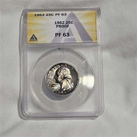 1962 Proof Washington Quarter, certified by ANACS with a grade of PF 63. Proof
