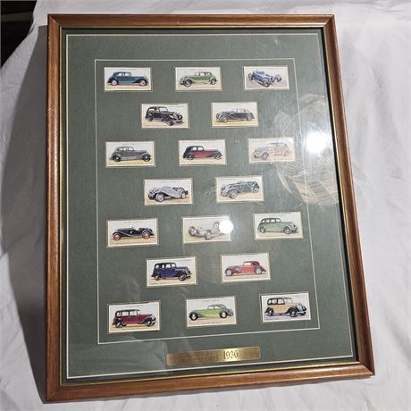 Framed collection of "Motor Cars" cigarette cards issued by the company John Pl