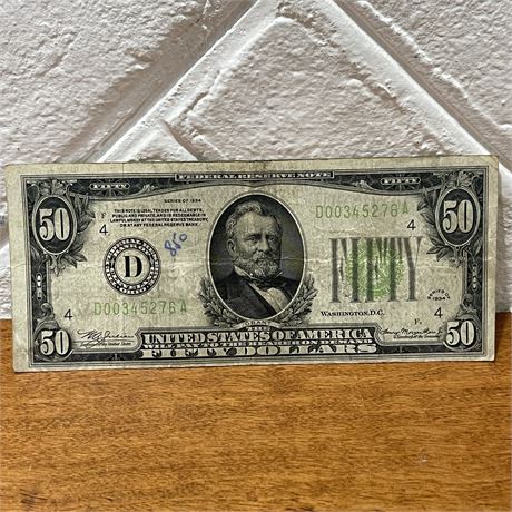 1934 Lime Green Seal 50 Dollar Bill Federal Reserve Note - Serial Pair