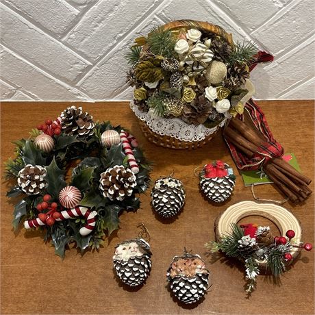 Pinecone Ornaments w/ Candle Wreath and Decorative Baskets
