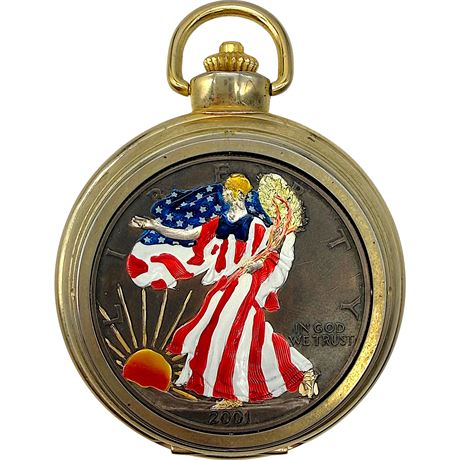 Painted 2001 Silver Walking Liberty Dollar Coin Silver Eagle Pocket Watch