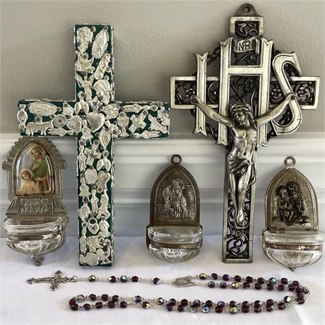 Mexican Milagros Folk Art Cross, Metal Holy Water Fonts & Wall Cross w/ Rosary
