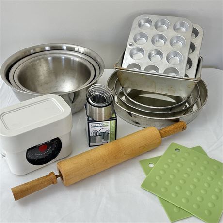 Baking Necessities w/ Mixing Bowls, Mixed Baking Pans and More