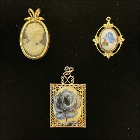 Vtg Gold Toned Cameo and Hand Painted Pendants