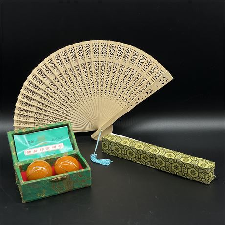 Basketball Themed Chinese Stress Balls in Case and Sandalwood Folding Fan w/ Box