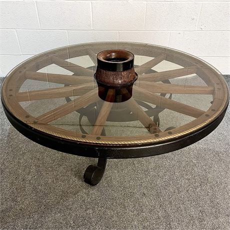 Wagon Wheel Coffee Table w/ Glass Top & Metal Base