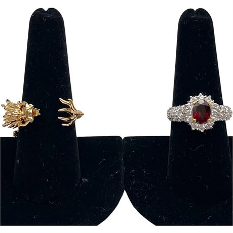 925 Sterling Silver Gold-Toned Size 7.25 Dragon Ring & Size 7.75 Garnet Ring