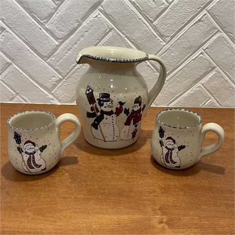 Home & Garden Party Stoneware Snowman Pitcher and Mugs Set
