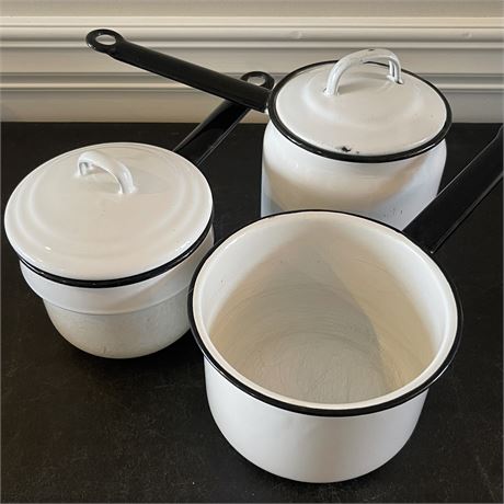 (3) Vtg Enamelware Black Trim Pots