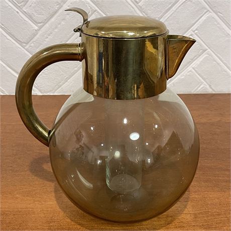 Mid Century Brass & Glass Pitcher w/ Chiller Insert