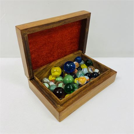 Early Marbles Stored in Vintage Wood Inlay Box