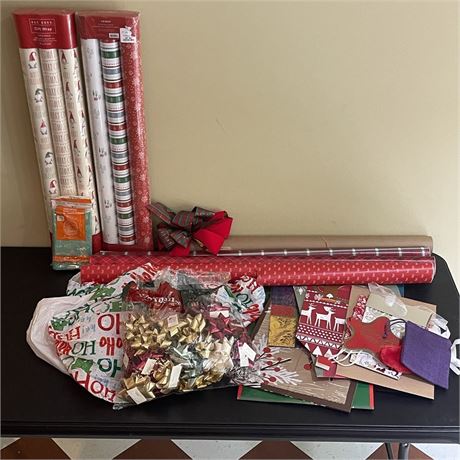 Christmas Giftwrap Lot with Paper, Bags and Bows